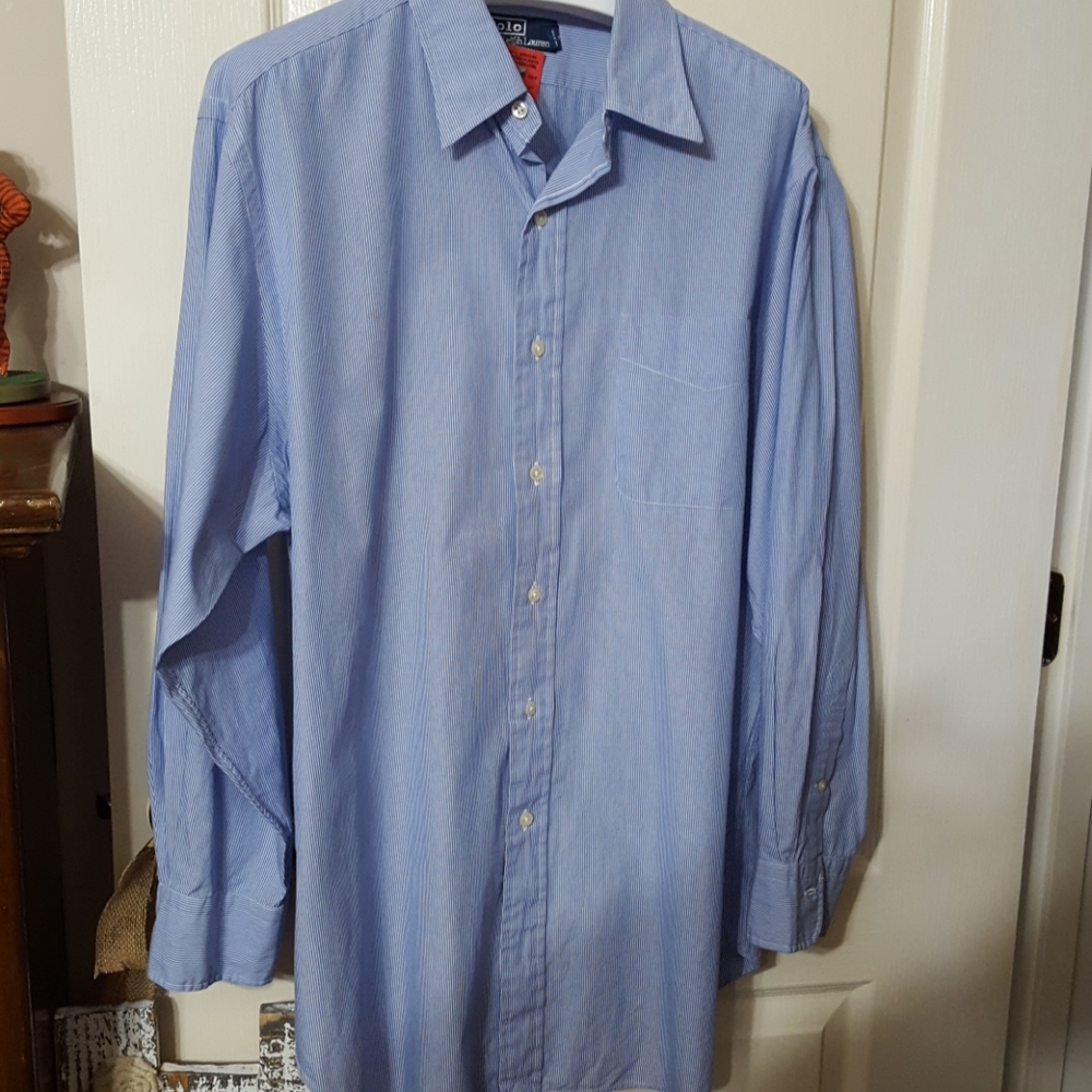 Polo Ralph Lauren blue white stripe dress shirt long sl 100% cotton 16 1/2 EUC…